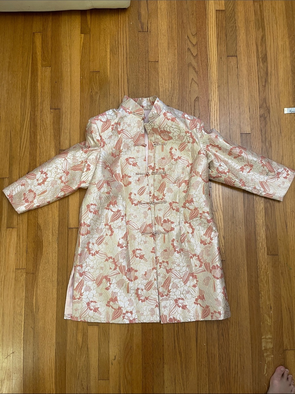 Floral Brocade Mandarin Collar Coat in Ivory and Coral